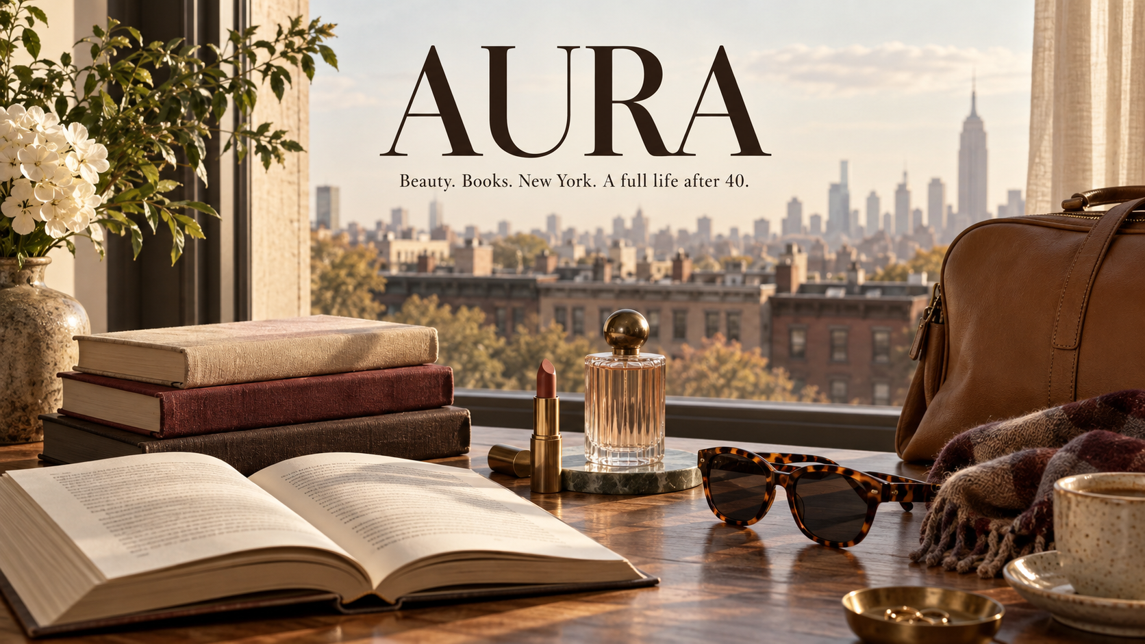 AURA: Beauty. Books. New York. A full life after 40. Editorial artwork with books, beauty essentials and a New York skyline.