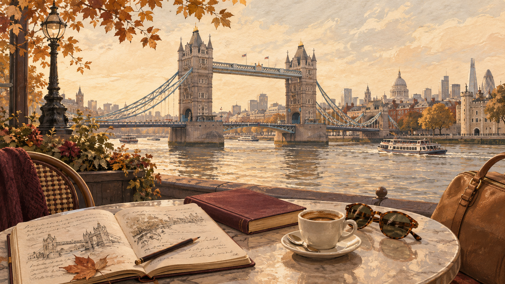 Illustration of Tower Bridge over the Thames, with a travel journal, book and coffee on a café table.