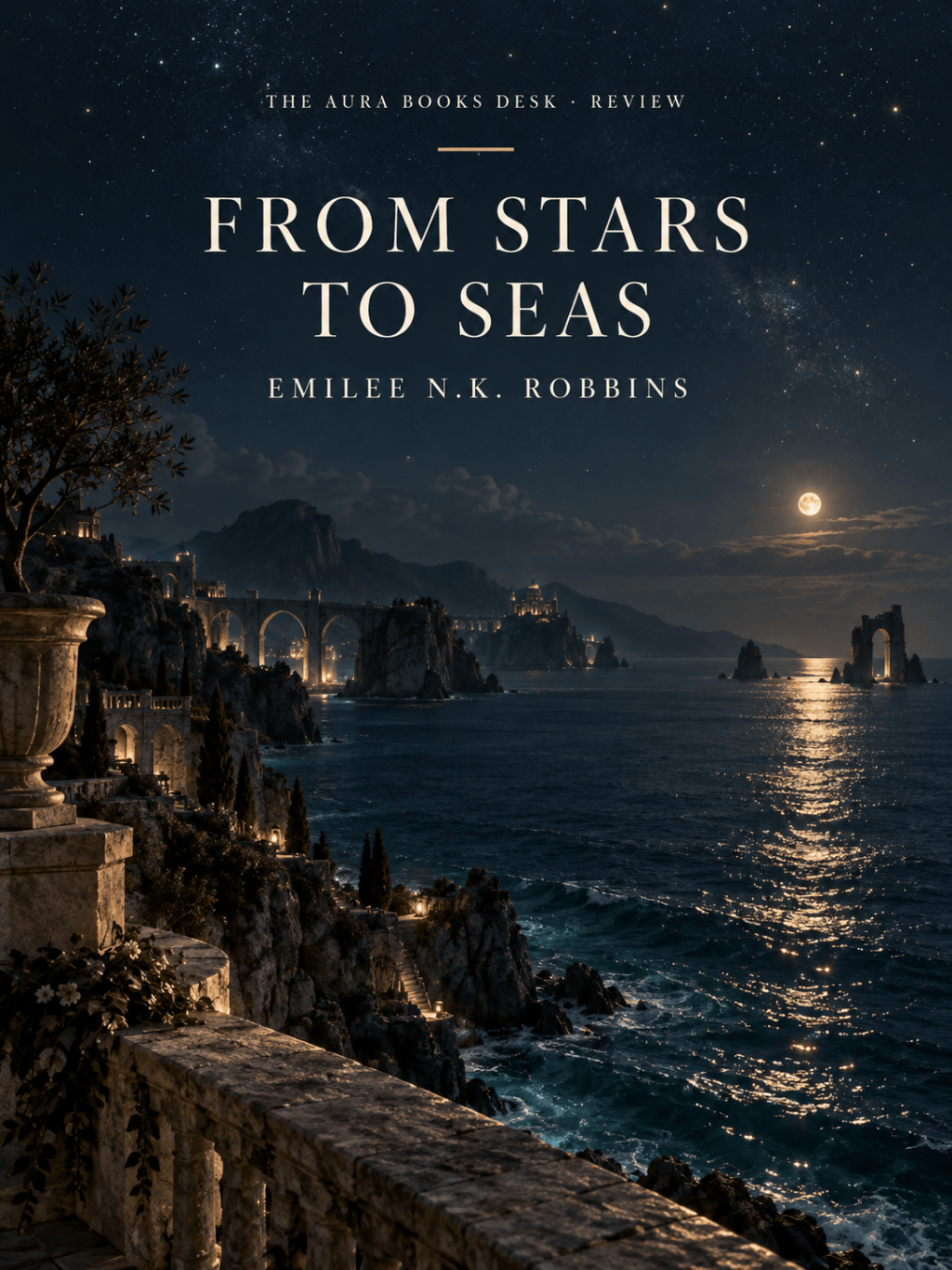 AURA Books Desk review of From Stars to Seas by Emilee N.K. Robbins, with a star-filled sky over a moonlit ocean realm.