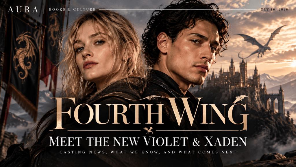 AURA Fourth Wing casting editorial cover, stylized illustrations of Violet and Xaden with dragon academy