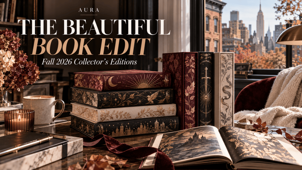 Autumn New York reading room with decorative collector books and The Beautiful Book Edit editorial title