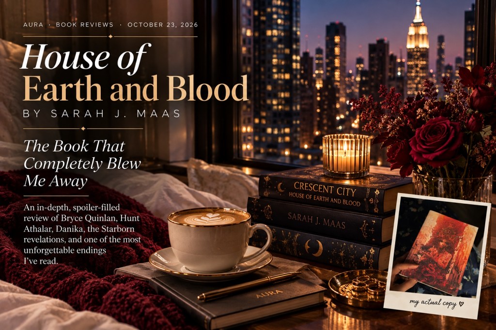 AURA editorial feature image for an in-depth House of Earth and Blood review, with a nighttime New York reading scene and review title