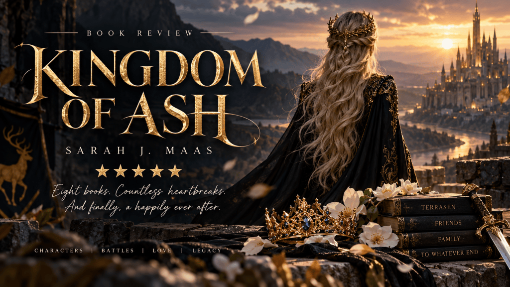 Kingdom of Ash five-star book review editorial fantasy cover featuring a crowned heroine overlooking a castle