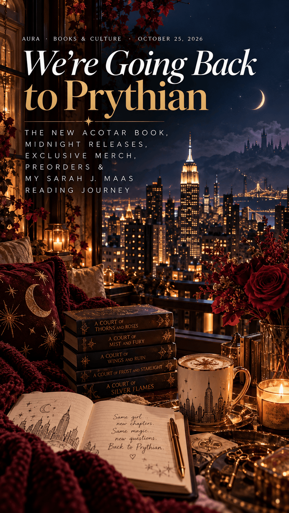 AURA editorial artwork featuring a moonlit New York skyline, burgundy flowers and a reading nook with the headline We're Going Back to Prythian
