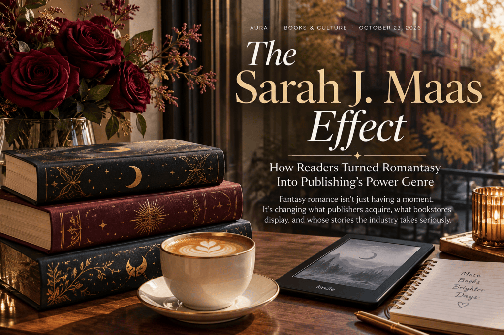 Editorial bookish still life with fantasy hardcovers, burgundy roses, coffee and a Kindle beside a New York window